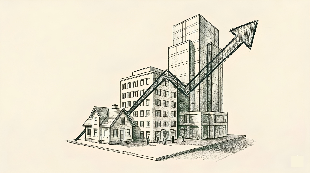 Illustration of three buildings side by side in ascending order — a small building, a medium building, and a skyscraper — with an ascending line graph overlaid across them