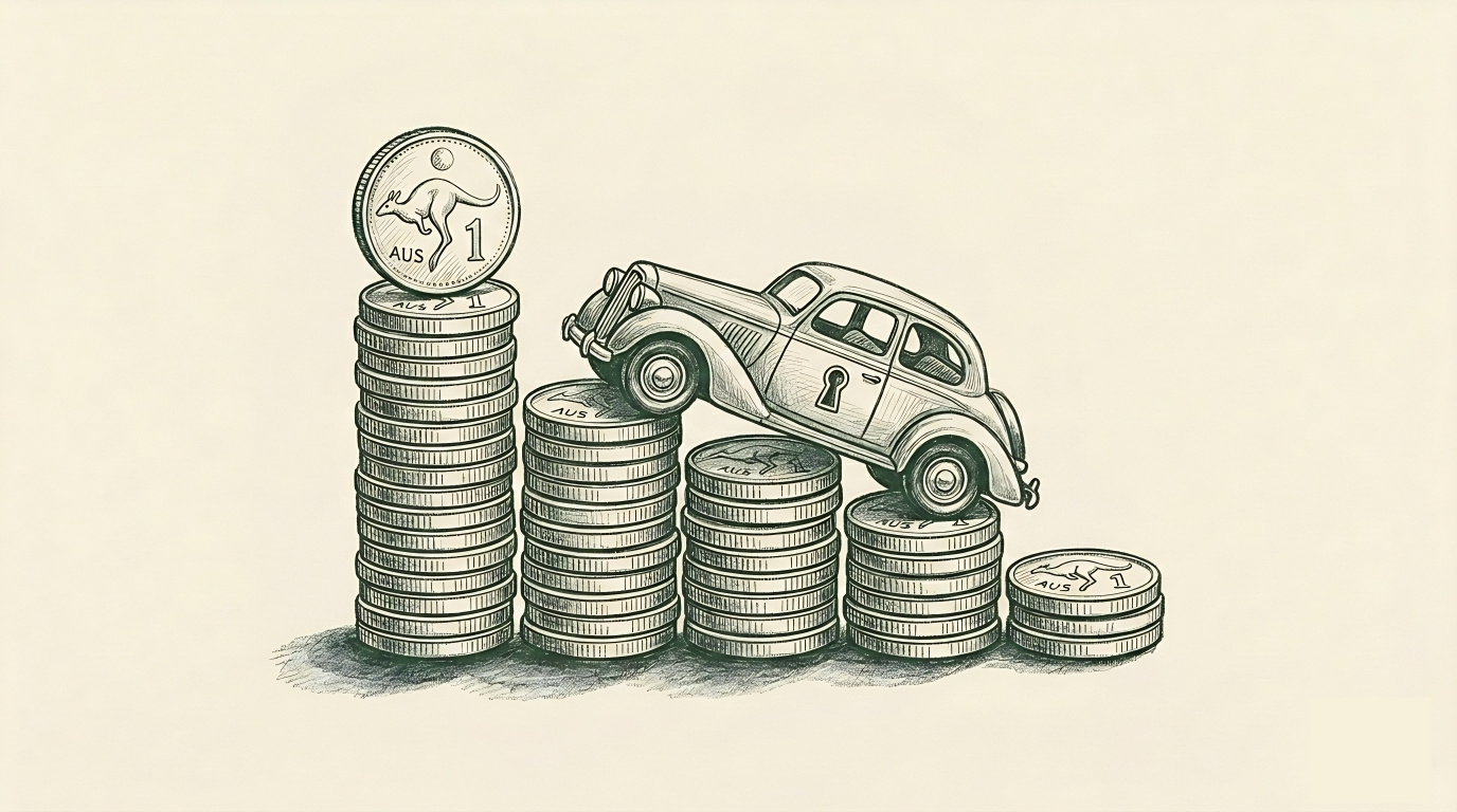 Illustration of a small car driving up a ascending stack of Australian dollar coins