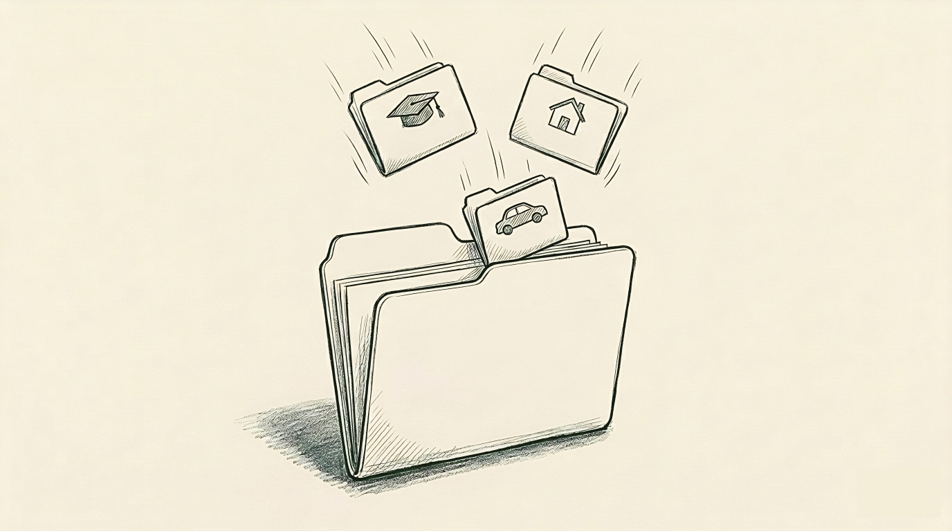 Illustration of a large folder surrounded by three smaller folders, each carrying an icon — a car, a graduation cap, and a house — representing debts being consolidated into one