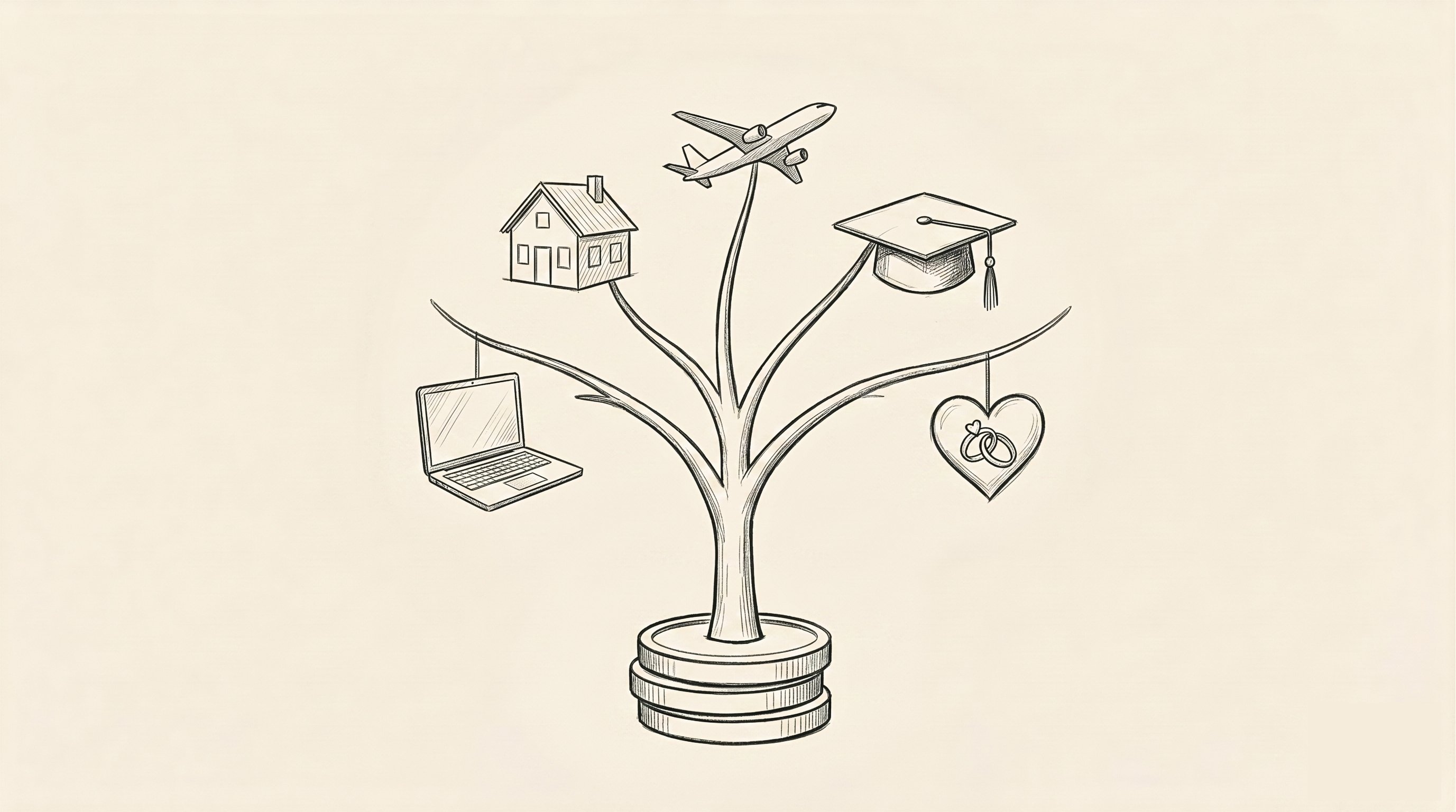 Illustration of a tree growing atop a stack of coins, with five branches each holding a different icon — a laptop, a house, a plane, a graduation cap, and a love heart with wedding rings